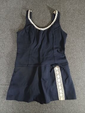 Vtg 60's  Navy Swim Dress with White Lace Trim